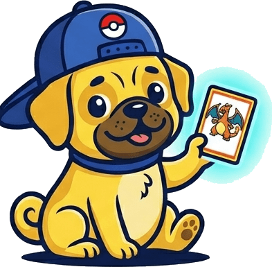 Nostalgic Cards — pug holding a Charizard card